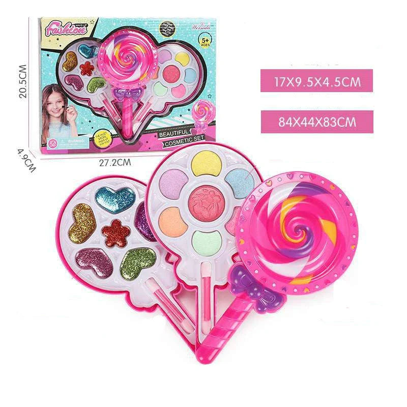 Premium washable makeup kit for little girls with vibrant colors and textures, perfect for pretend play and creative expression.