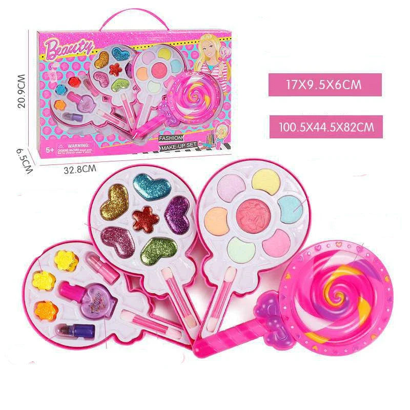 Premium washable makeup kit for little girls with vibrant colors and textures, perfect for pretend play and creative expression.