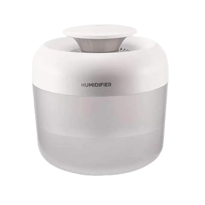 Round white ultrasonic humidifier with LED lights and water mist emitting from top