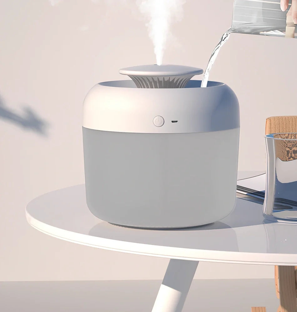 Round white ultrasonic humidifier with LED lights and water mist emitting from top