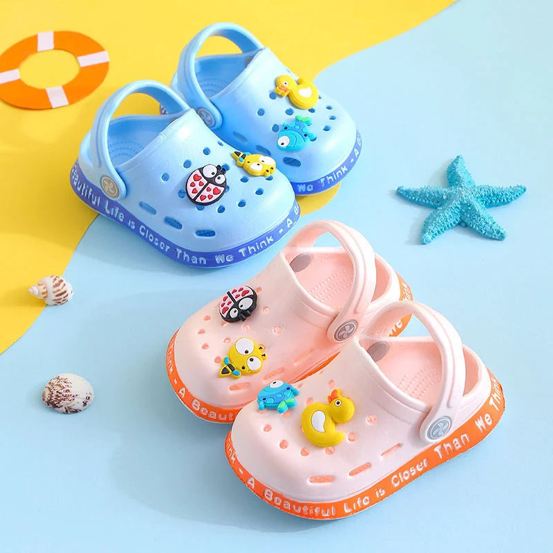 Kids cartoon slippers in yellow, blue, and pink with fun designs for summer wear