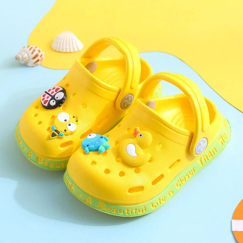 Kids cartoon slippers in yellow, blue, and pink with fun designs for summer wear