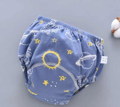 Baby diaper pants in dark blue, light blue, and pink, showcasing breathable cotton fabric and waterproof technology