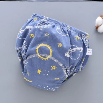 Baby diaper pants in dark blue, light blue, and pink, showcasing breathable cotton fabric and waterproof technology