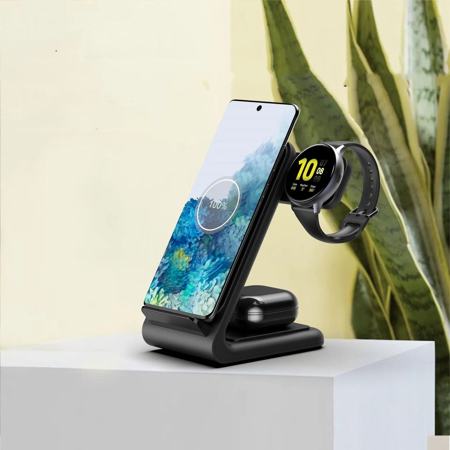 Three-in-one wireless charging bracket for iPhone, Apple Watch and Samsung Watch in black and white colours