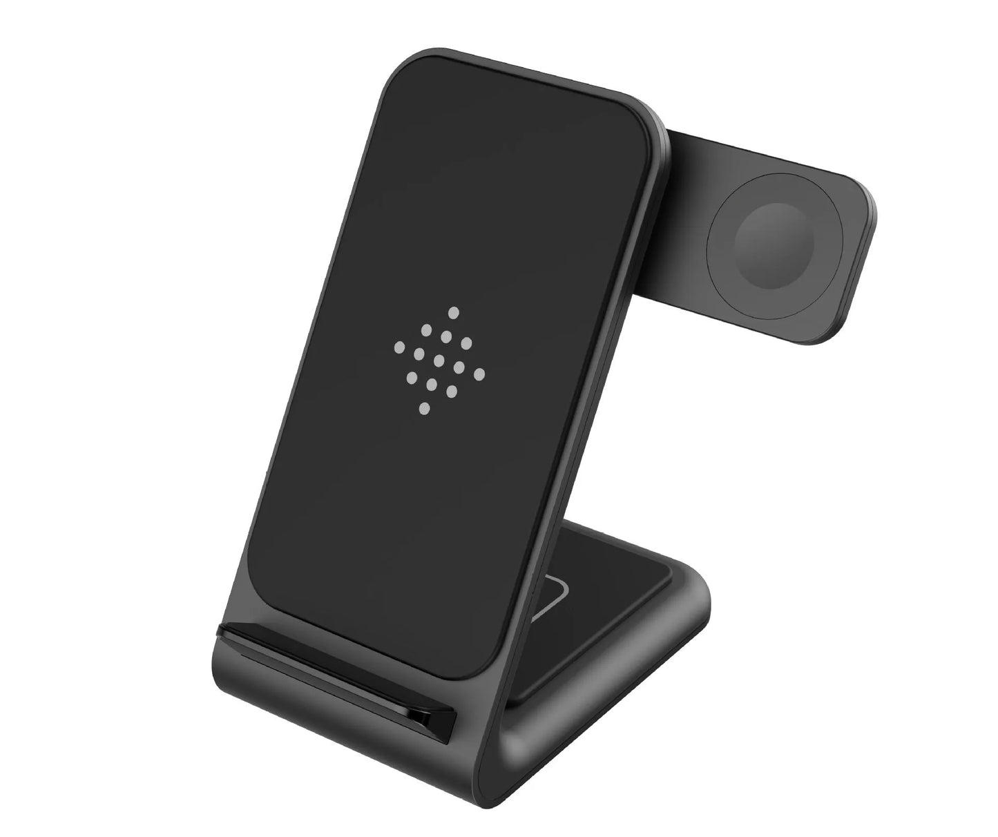 Three-in-one wireless charging bracket for iPhone, Apple Watch and Samsung Watch in black and white colours
