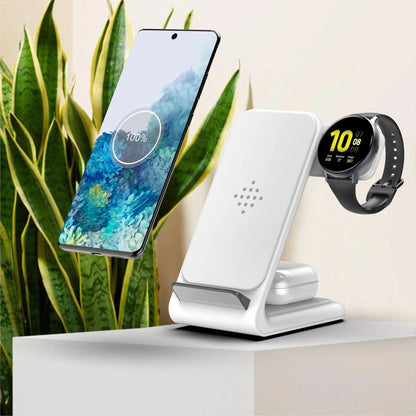 Three-in-one wireless charging bracket for iPhone, Apple Watch and Samsung Watch in black and white colours