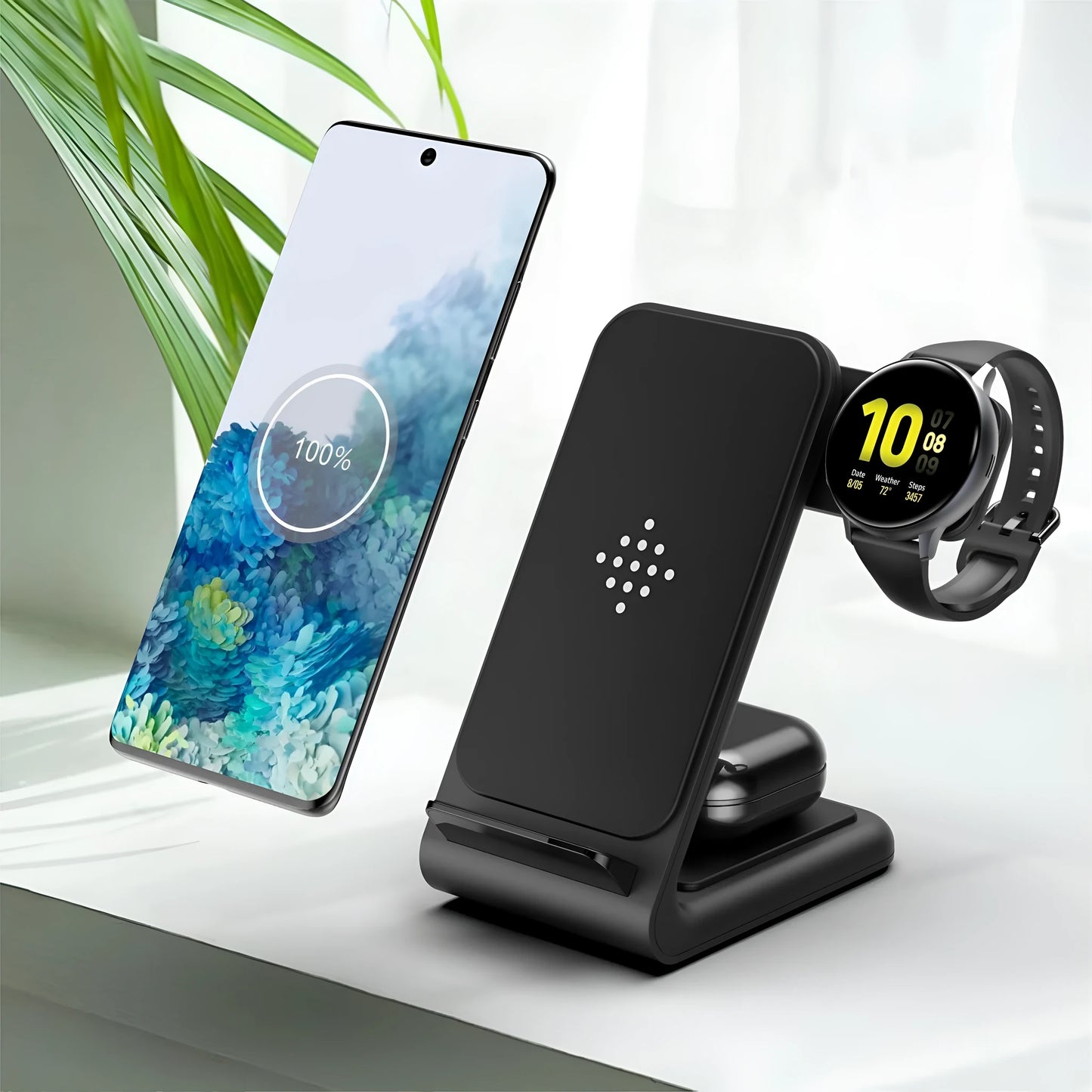 Three-in-one wireless charging bracket for iPhone, Apple Watch and Samsung Watch in black and white colours
