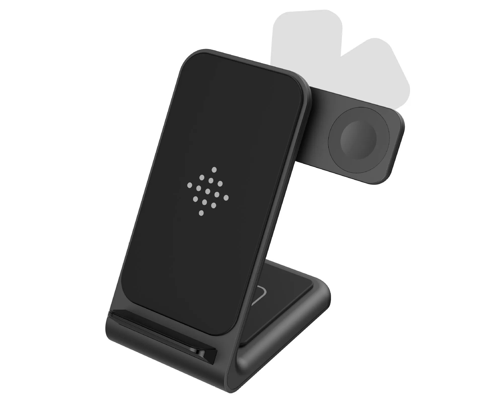 Three-in-one wireless charging bracket for iPhone, Apple Watch and Samsung Watch in black and white colours
