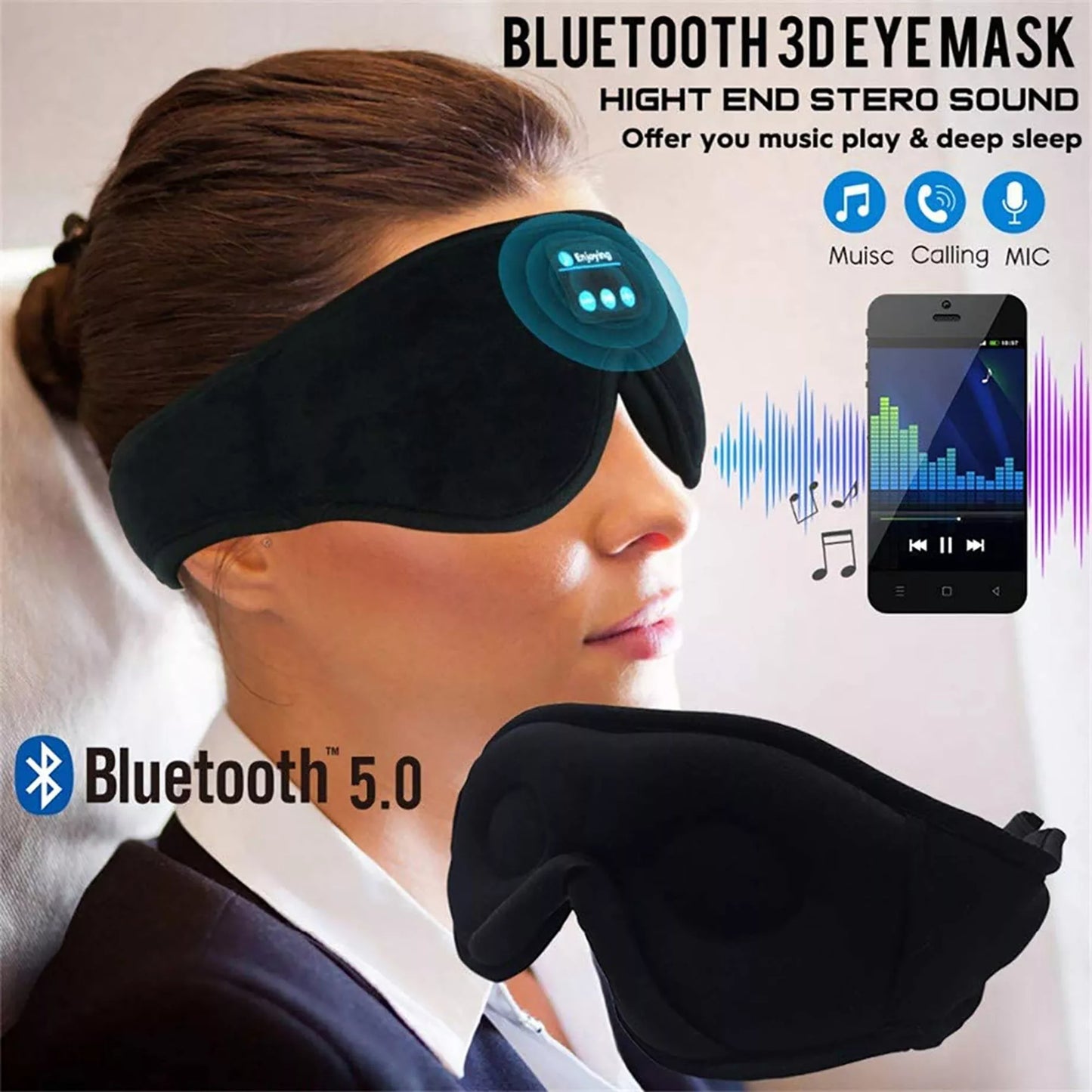 Wireless stereo music sleep mask with Bluetooth 5.0 in black and dark blue