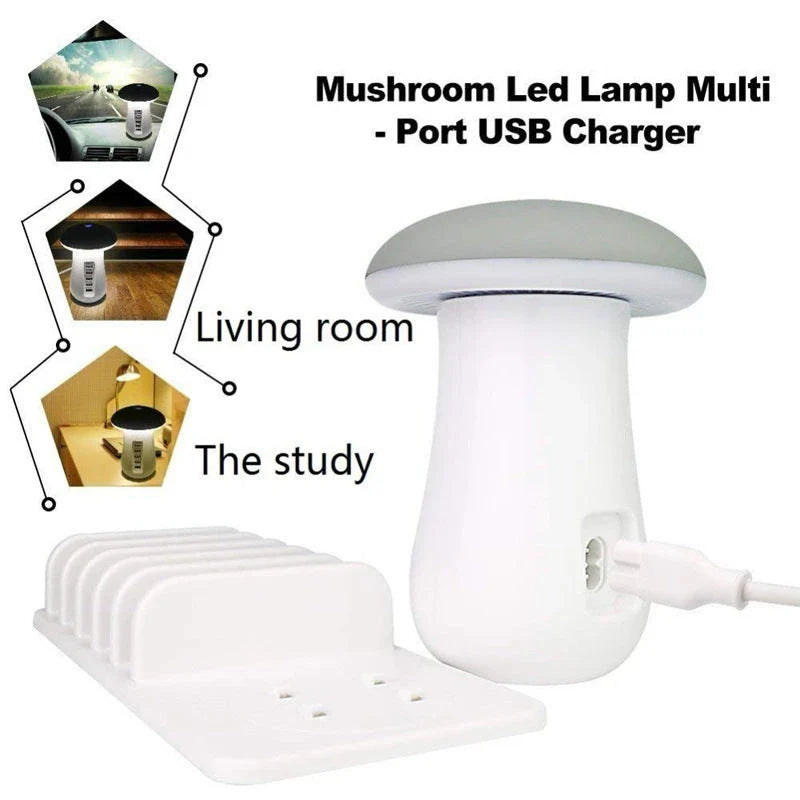 Multifunctional Mushroom Lamp with LED Lighting and USB Charging Ports for Home and Office Use
