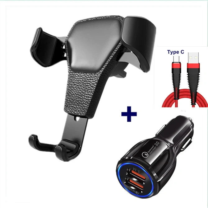 Leather grain gravity mobile phone car holder in black and white, compatible with most smartphones