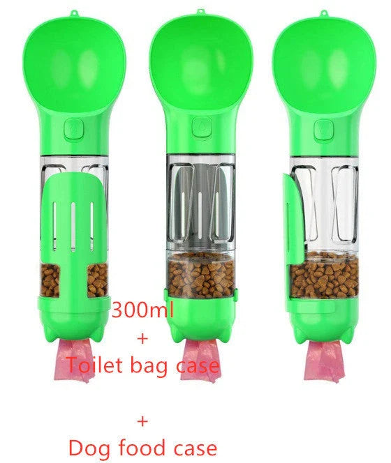 Multi-functional pet water bottle with food bowl and waste bag storage