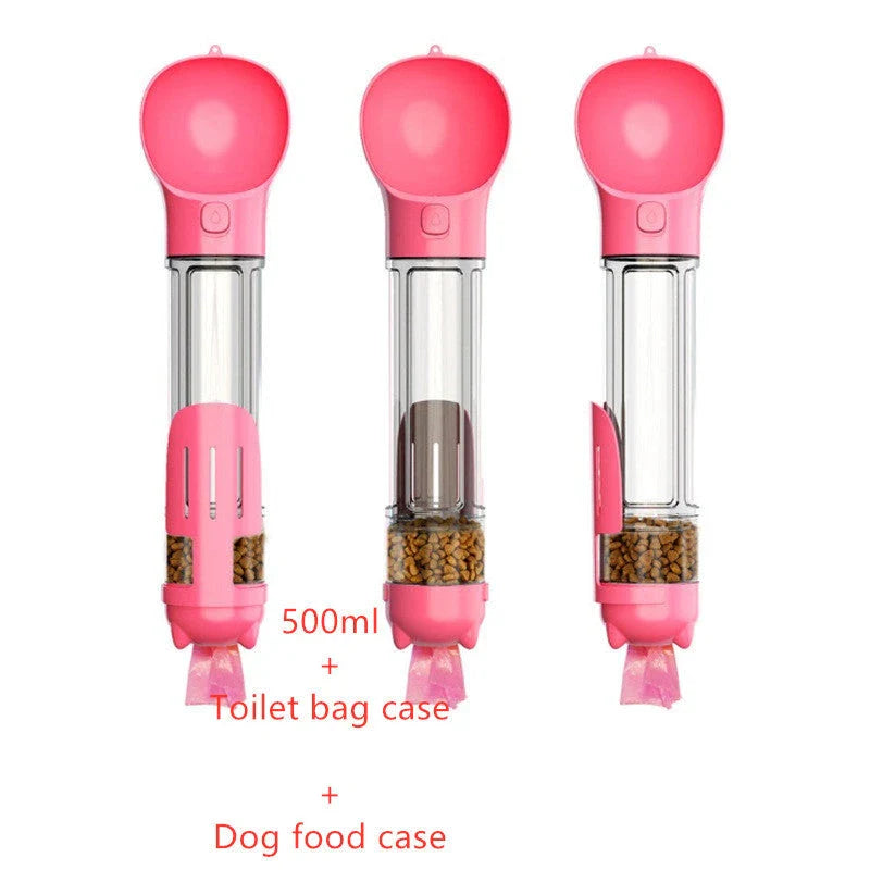 Multi-functional pet water bottle with food bowl and waste bag storage