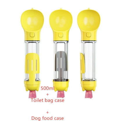 Multi-functional pet water bottle with food bowl and waste bag storage