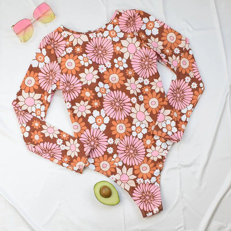 Long sleeve floral sunscreen diving bikini with chest pad for sun protection and style