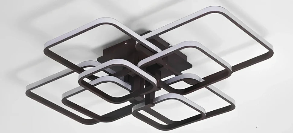 White modern square LED ceiling lamp with 4 light heads and rectangular shade measuring 580×460mm