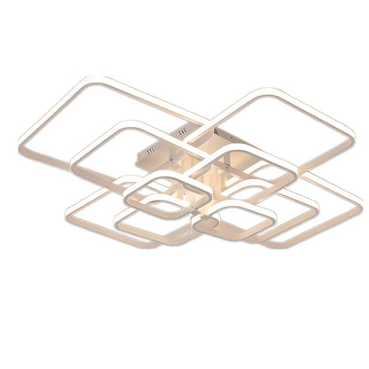 White modern square LED ceiling lamp with 4 light heads and rectangular shade measuring 580×460mm