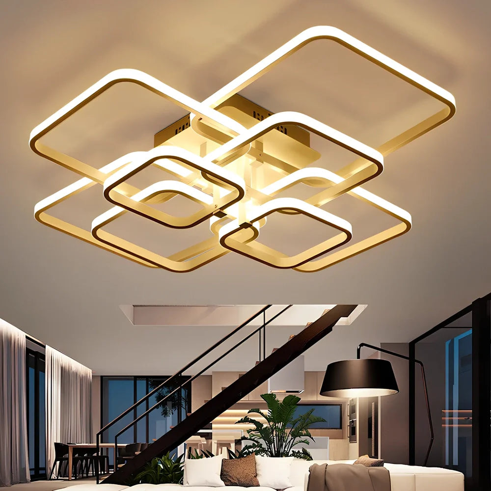 White modern square LED ceiling lamp with 4 light heads and rectangular shade measuring 580×460mm