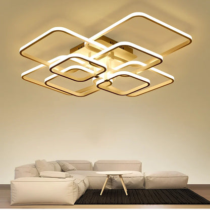 White modern square LED ceiling lamp with 4 light heads and rectangular shade measuring 580×460mm