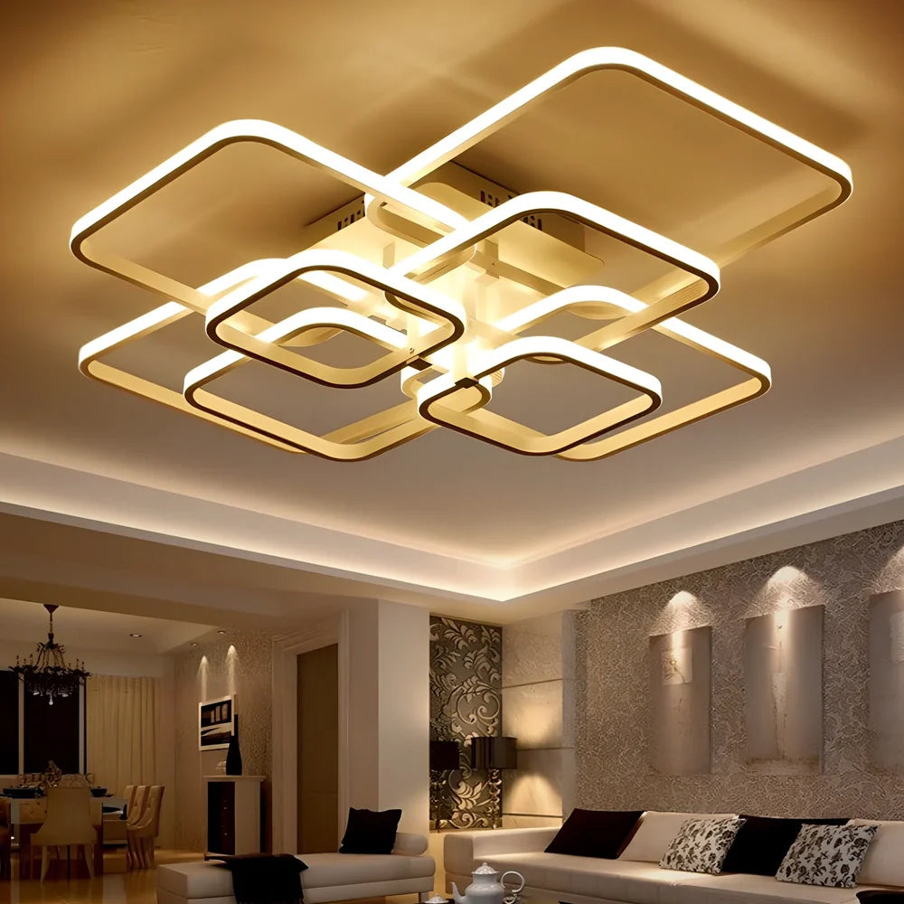 White modern square LED ceiling lamp with 4 light heads and rectangular shade measuring 580×460mm