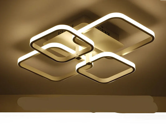 White modern square LED ceiling lamp with 4 light heads and rectangular shade measuring 580×460mm