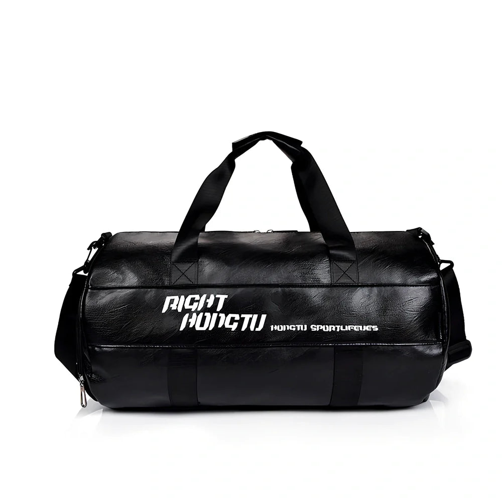 Cylindrical waterproof sports travel bag with multiple internal compartments and PU leather exterior