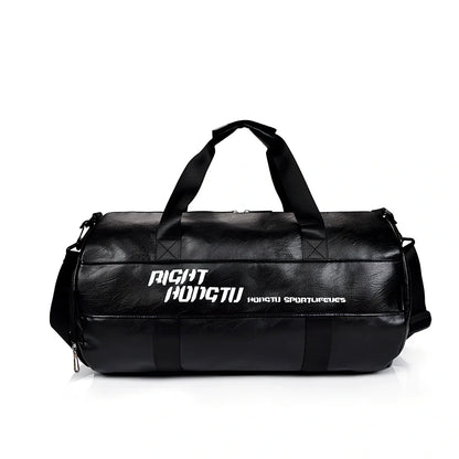 Cylindrical waterproof sports travel bag with multiple internal compartments and PU leather exterior