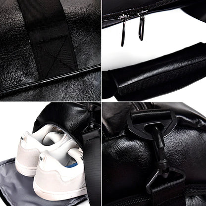 Cylindrical waterproof sports travel bag with multiple internal compartments and PU leather exterior