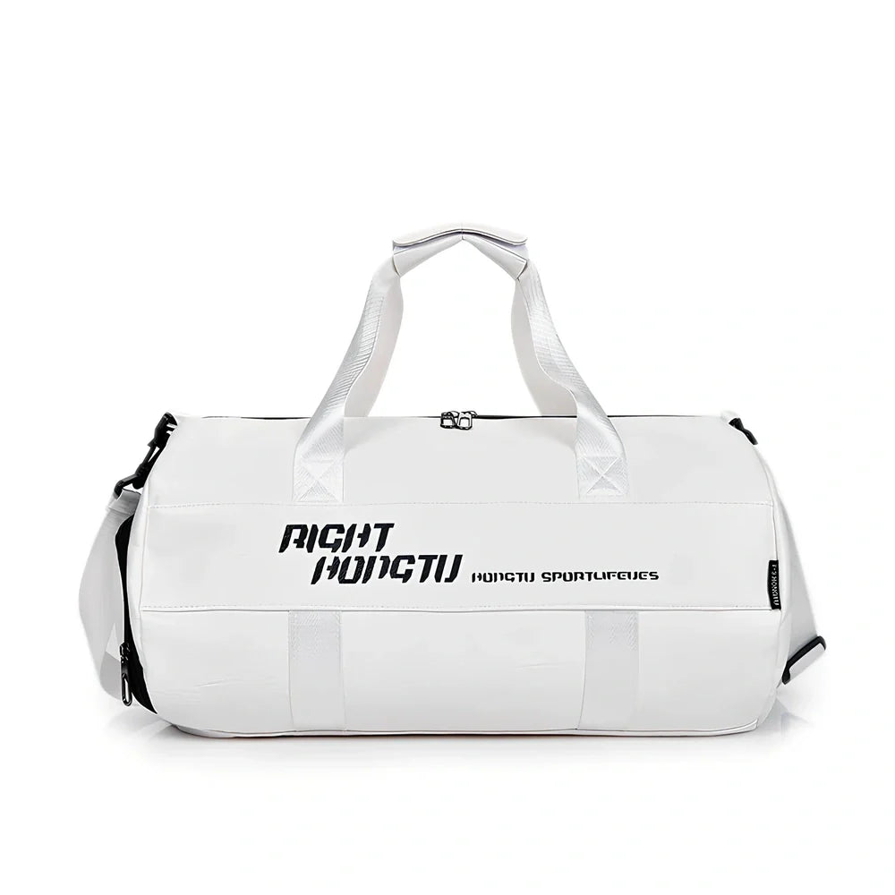 Cylindrical waterproof sports travel bag with multiple internal compartments and PU leather exterior