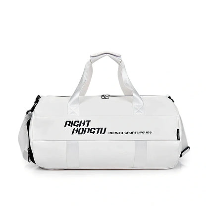 Cylindrical waterproof sports travel bag with multiple internal compartments and PU leather exterior