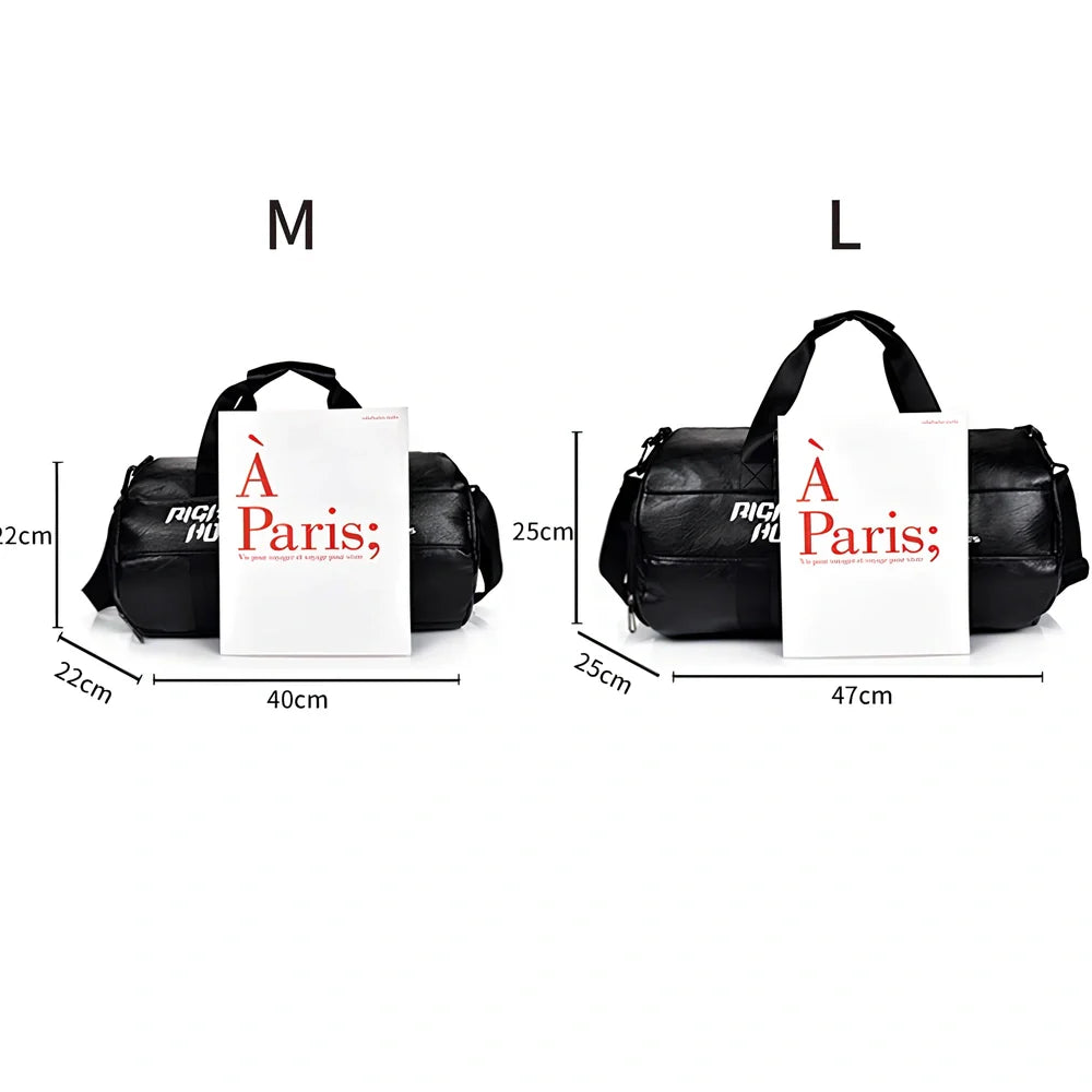 Cylindrical waterproof sports travel bag with multiple internal compartments and PU leather exterior