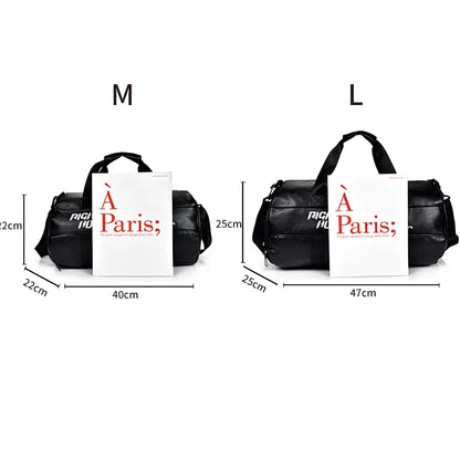 Cylindrical waterproof sports travel bag with multiple internal compartments and PU leather exterior