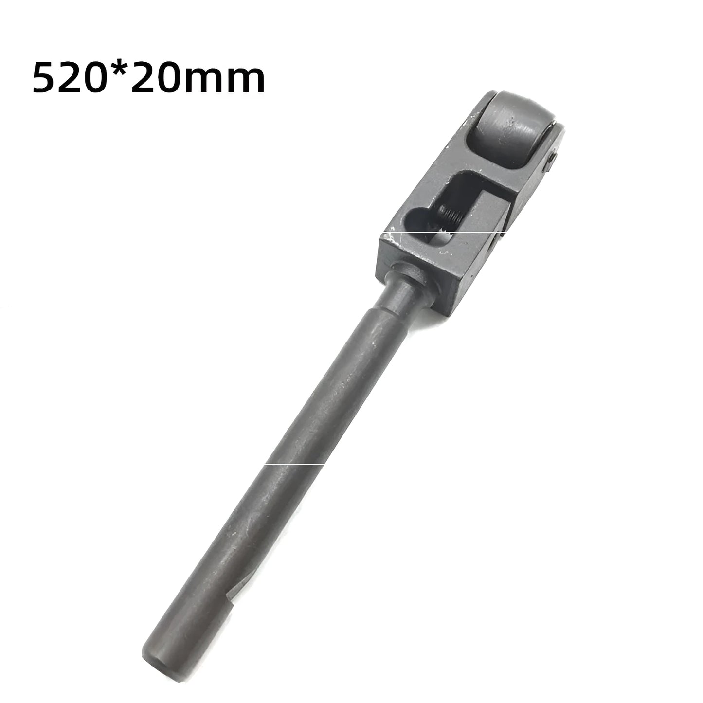 Metal pneumatic belt machine accessory kit with 330mm and 520mm rollers, blades, springs, and couplings on a workbench.