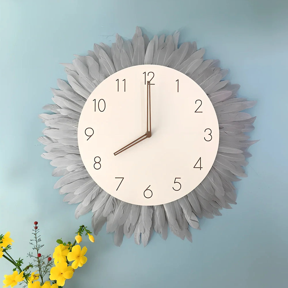 12-inch woven tapestry wall clock with wood frame showing Roman numerals and jumping seconds movement