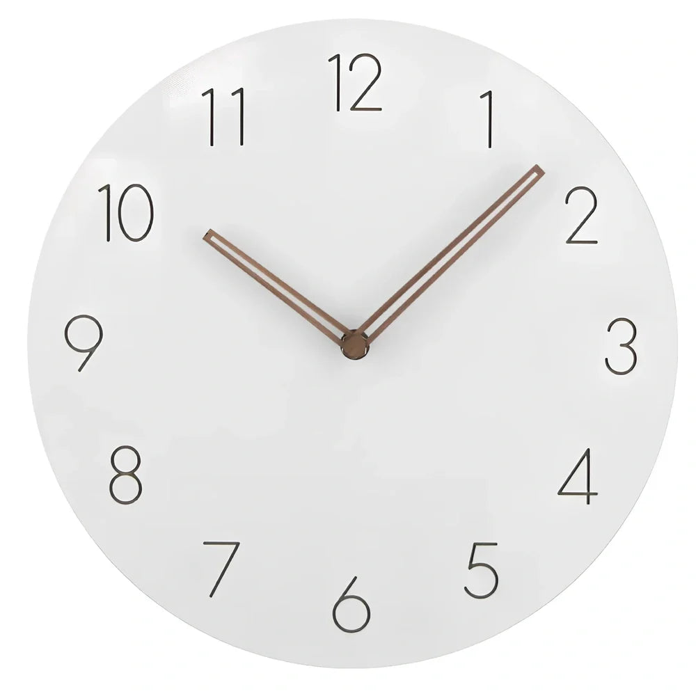 12-inch woven tapestry wall clock with wood frame showing Roman numerals and jumping seconds movement