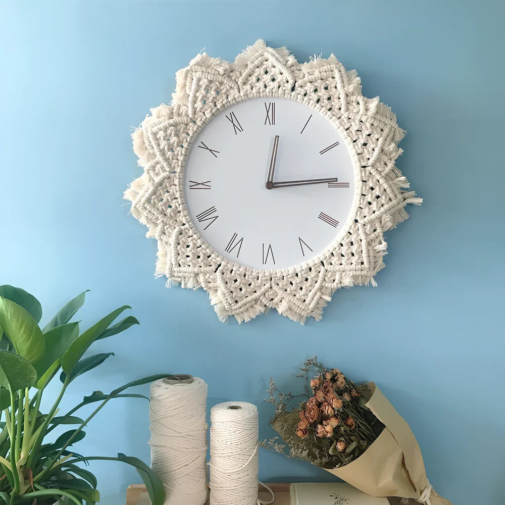 12-inch woven tapestry wall clock with wood frame showing Roman numerals and jumping seconds movement