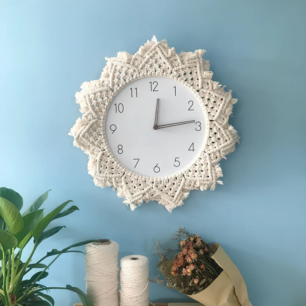 12-inch woven tapestry wall clock with wood frame showing Roman numerals and jumping seconds movement