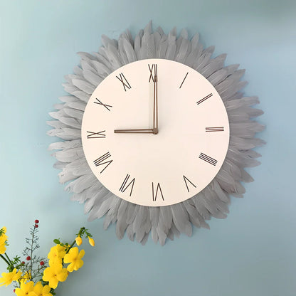 12-inch woven tapestry wall clock with wood frame showing Roman numerals and jumping seconds movement