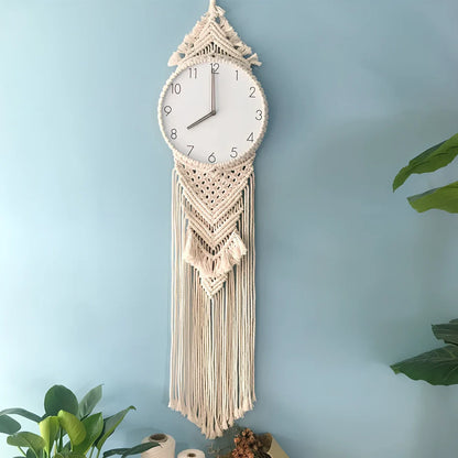 12-inch woven tapestry wall clock with wood frame showing Roman numerals and jumping seconds movement
