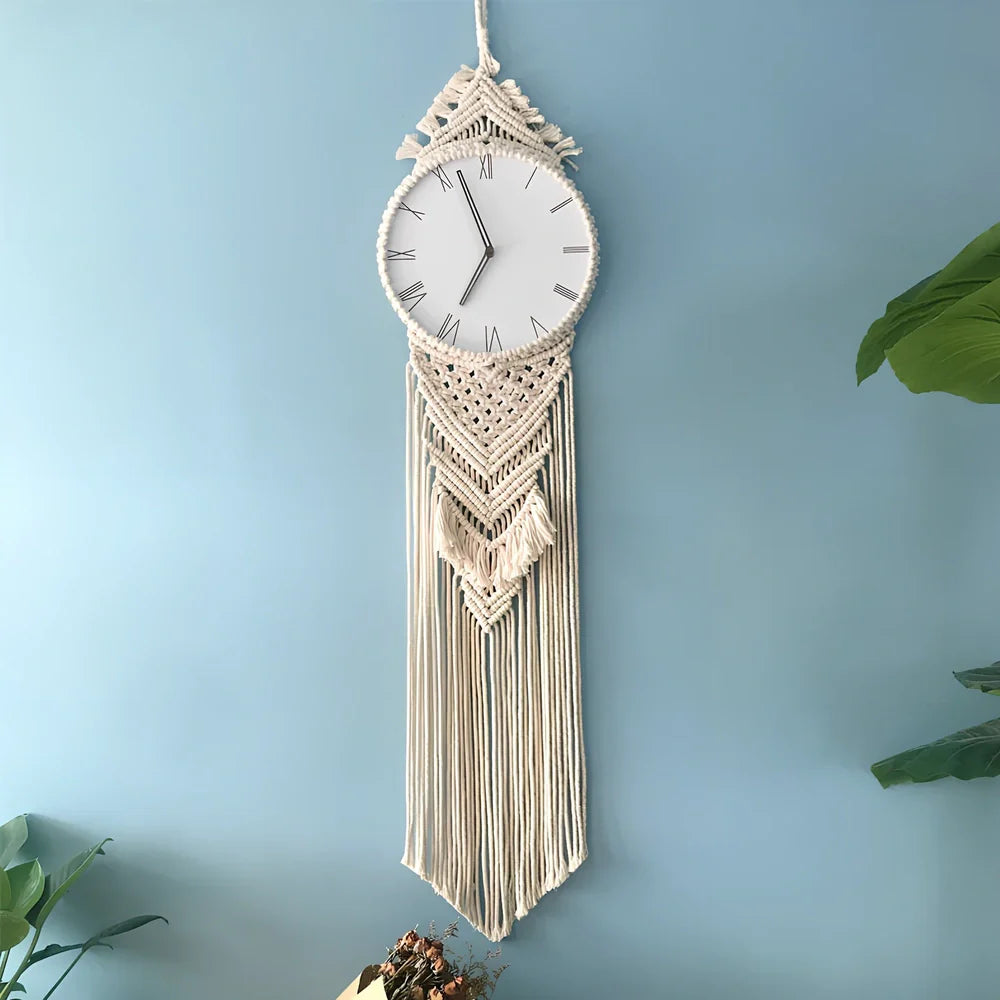 12-inch woven tapestry wall clock with wood frame showing Roman numerals and jumping seconds movement