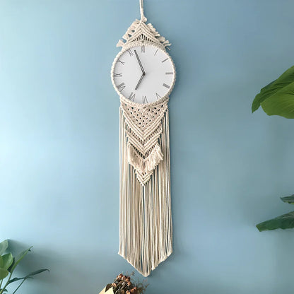 12-inch woven tapestry wall clock with wood frame showing Roman numerals and jumping seconds movement