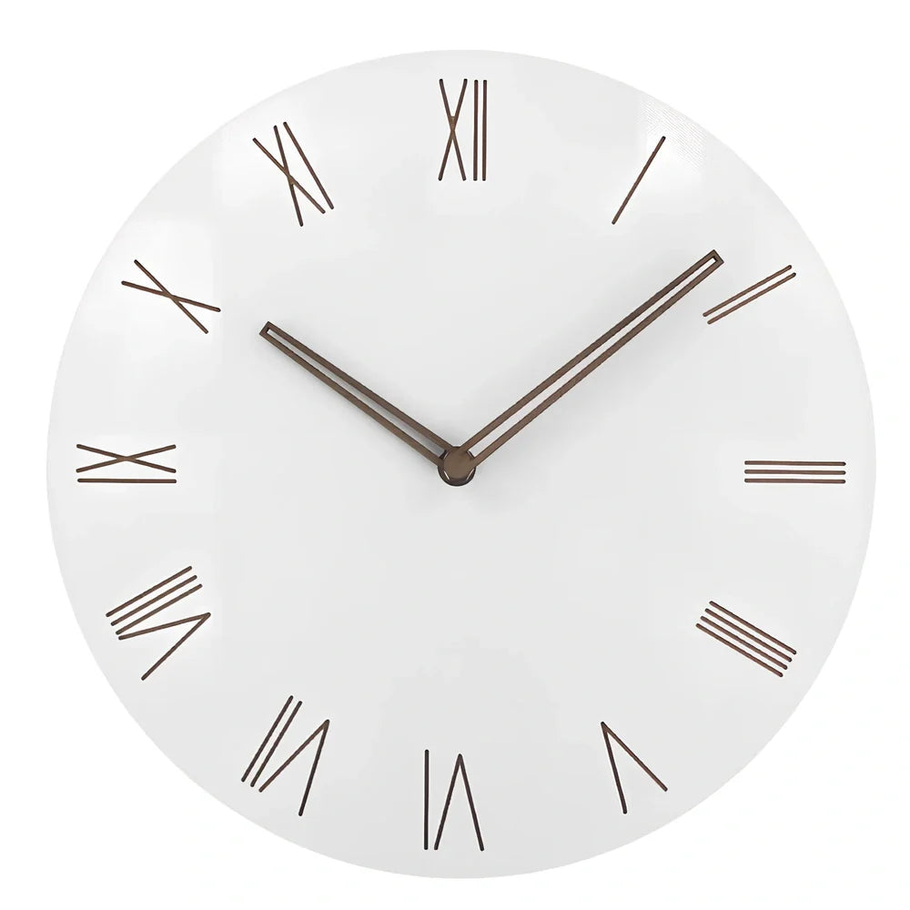 12-inch woven tapestry wall clock with wood frame showing Roman numerals and jumping seconds movement