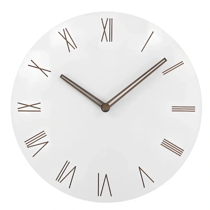 12-inch woven tapestry wall clock with wood frame showing Roman numerals and jumping seconds movement