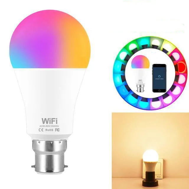 15W WiFi smart LED light bulb with E27 and B22 cap options for colour changing and dimming.