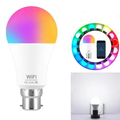 15W WiFi smart LED light bulb with E27 and B22 cap options for colour changing and dimming.