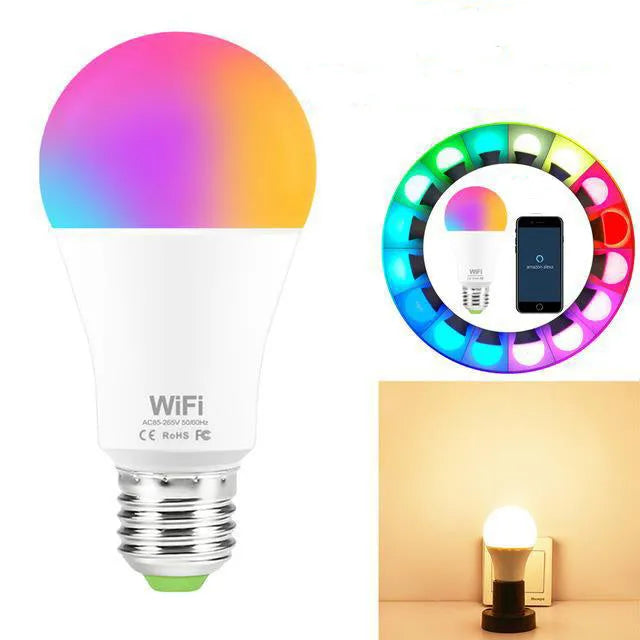 15W WiFi smart LED light bulb with E27 and B22 cap options for colour changing and dimming.