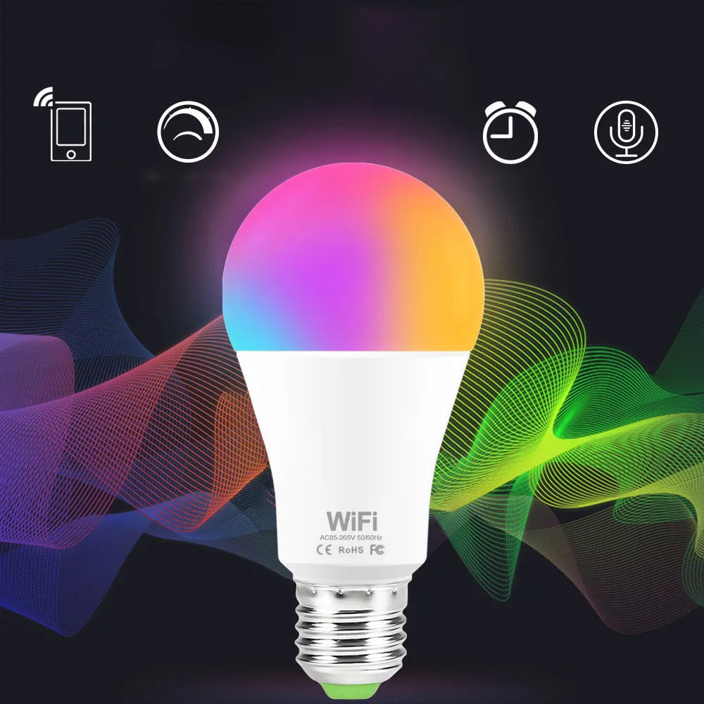 15W WiFi smart LED light bulb with E27 and B22 cap options for colour changing and dimming.
