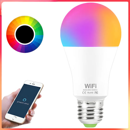 15W WiFi smart LED light bulb with E27 and B22 cap options for colour changing and dimming.