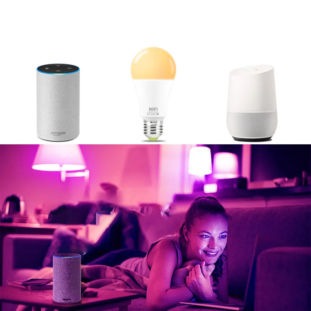 15W WiFi smart LED light bulb with E27 and B22 cap options for colour changing and dimming.
